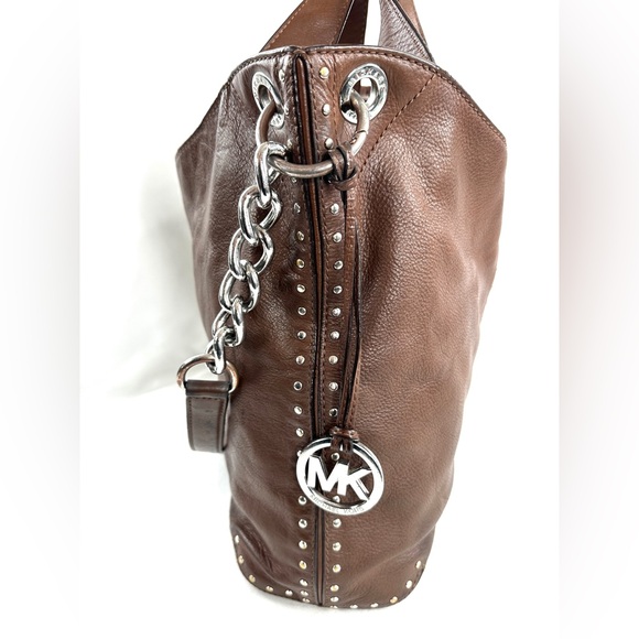 Michael Kors Brown Leather Large Shoulder Bag Chain Strap Studs Logo Grommets - Picture 8 of 12